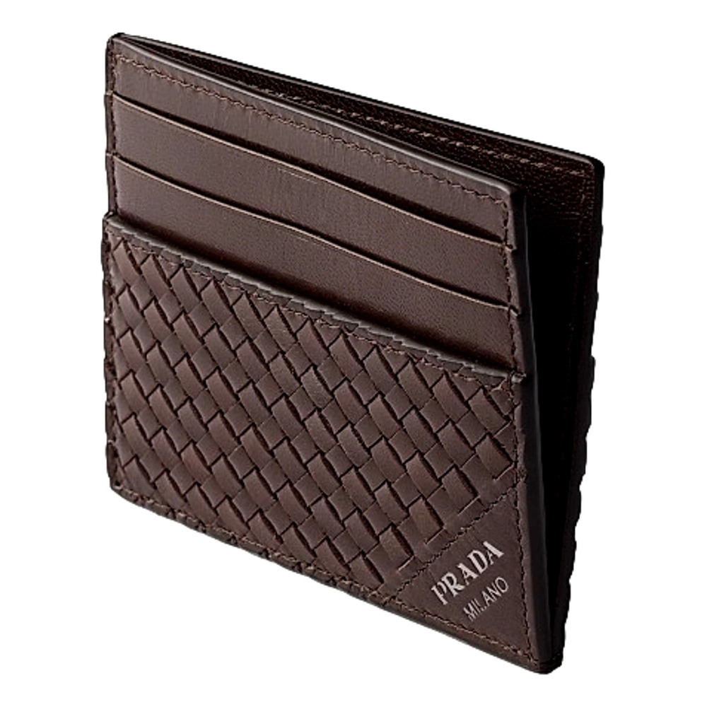Prada Woven Leather Small Card Case Wallet Dark